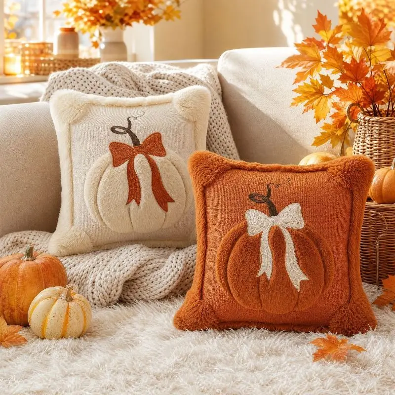 Zwei Kissenhüllen mit Kürbis und Schleife in Creme und Orange auf einem Sofa