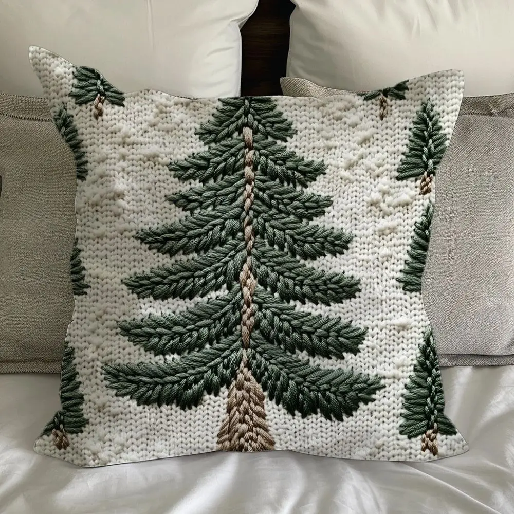 Kissenbezug mit grünem Tannenbaum-Motiv auf cremefarbenem Grund auf einem Bett