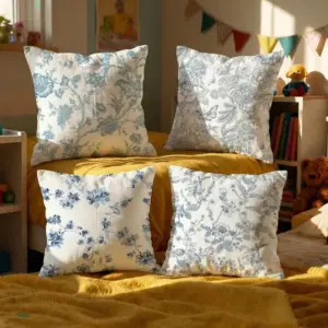 Vier Kissenbezüge mit blauem Blumenmuster auf cremefarbenem Grund auf einem Bett