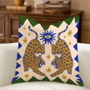 Kissenhülle mit zwei goldgelben Leoparden und einem Auge auf cremefarbenem Grund