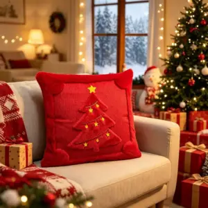 Roter Kissenbezug mit Tannenbaum-Motiv und flauschigen Ecken auf einem Sofa vor dem Weihnachtsbaum