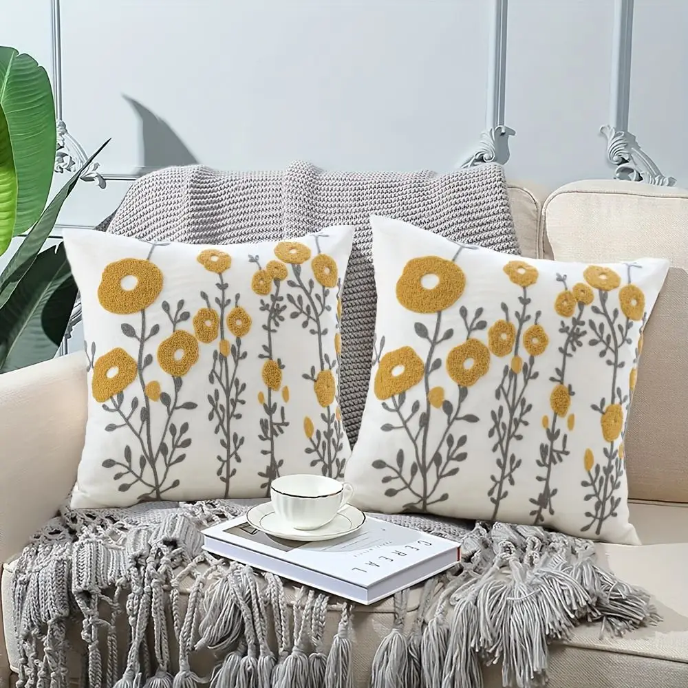 Kissenbezug Boho mit gestickten Blumen in Senfgelb – Bild 3