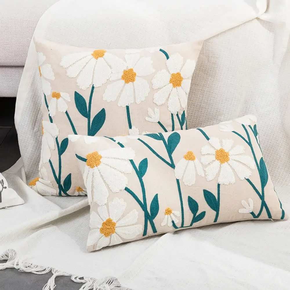 Kissenbezug Boho mit gestickten Blumen in Senfgelb – Bild 4