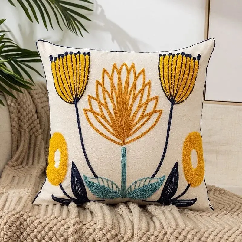 Kissenbezug Boho mit gestickten Blumen in Senfgelb – Bild 5