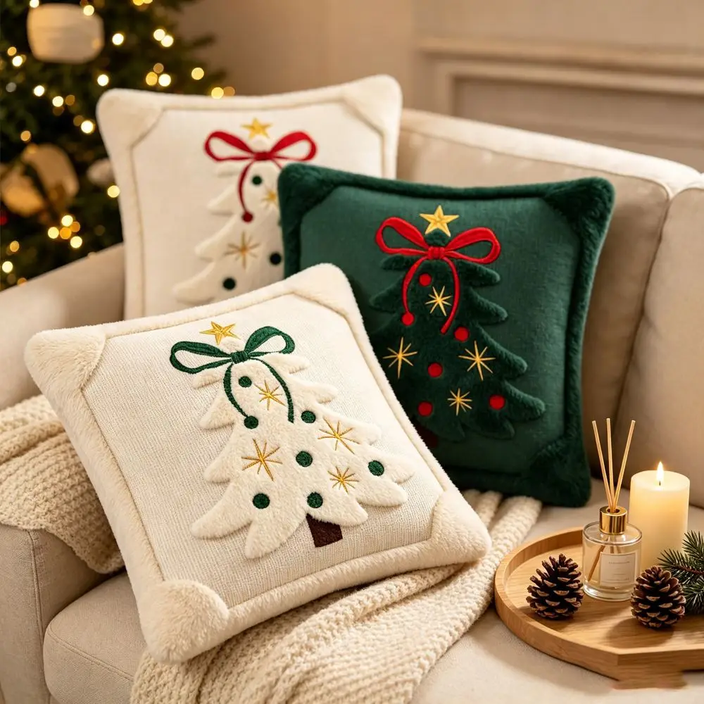 Kissenbezüge 45x45 in Creme mit Weihnachtsbaum und Schleife – Bild 5