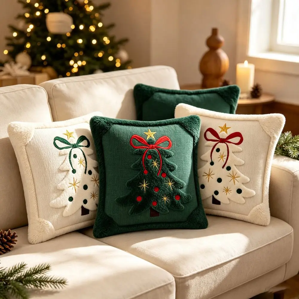 Kissenbezüge 45x45 in Creme mit Weihnachtsbaum und Schleife – Bild 6