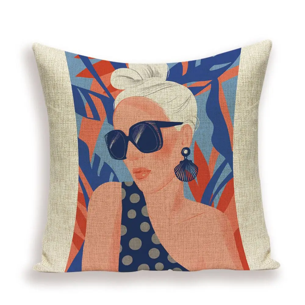 Kissenbezug mit Frauenportrait und Leopard, bunter Druck – Bunt – Frau mit blauer Sonnenbrille