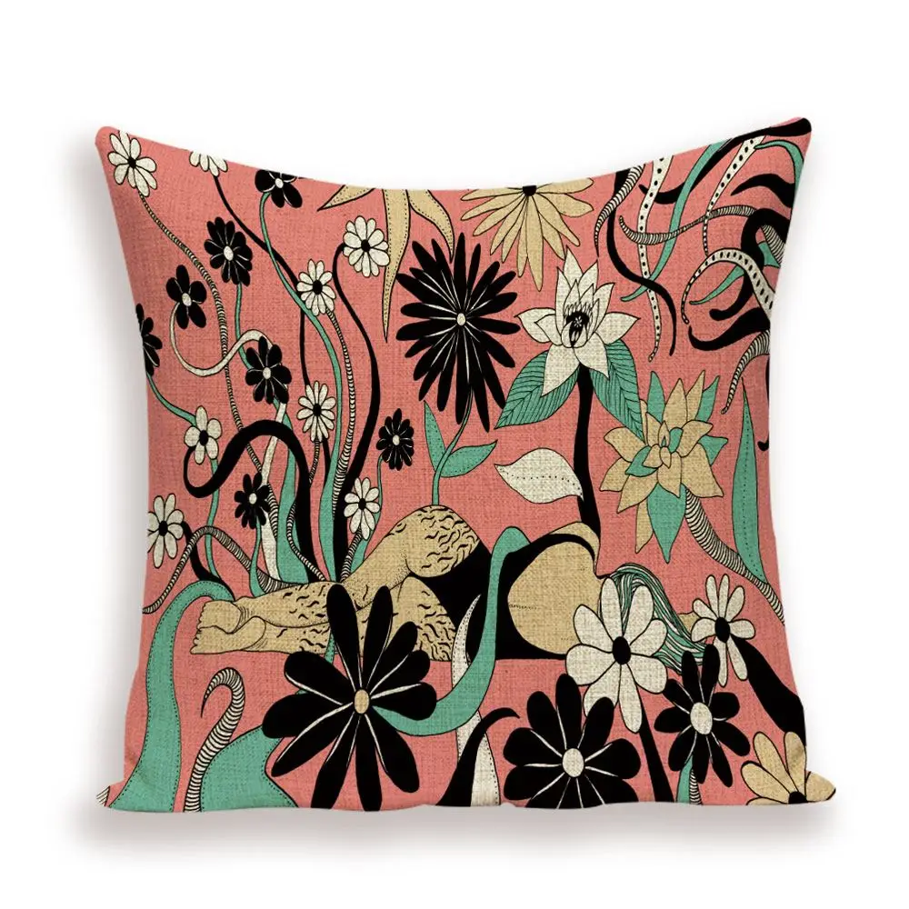Kissenbezug mit Frauenportrait und Leopard, bunter Druck – Bunt – rosa Blumen