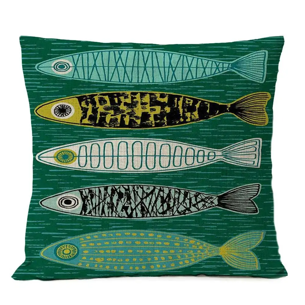 Kissenbezug mit grafischen Blumen und Formen, bedruckt – Grün – Fische