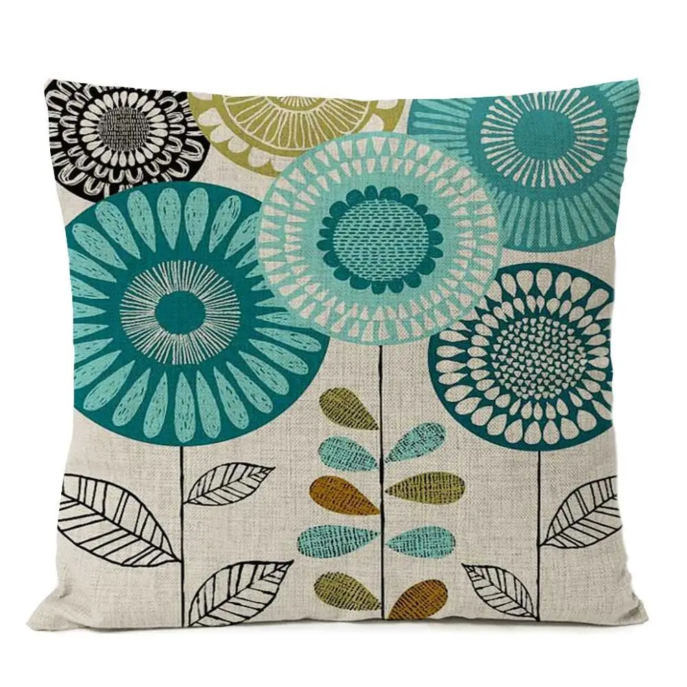 Kissenbezug mit grafischen Blumen und Formen, bedruckt – Beige – Türkisblüten