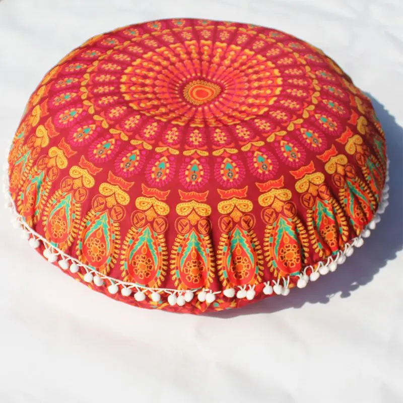 Runder Kissenbezug mit Mandala-Muster und Bommeln – Orange – Pfauenfeder