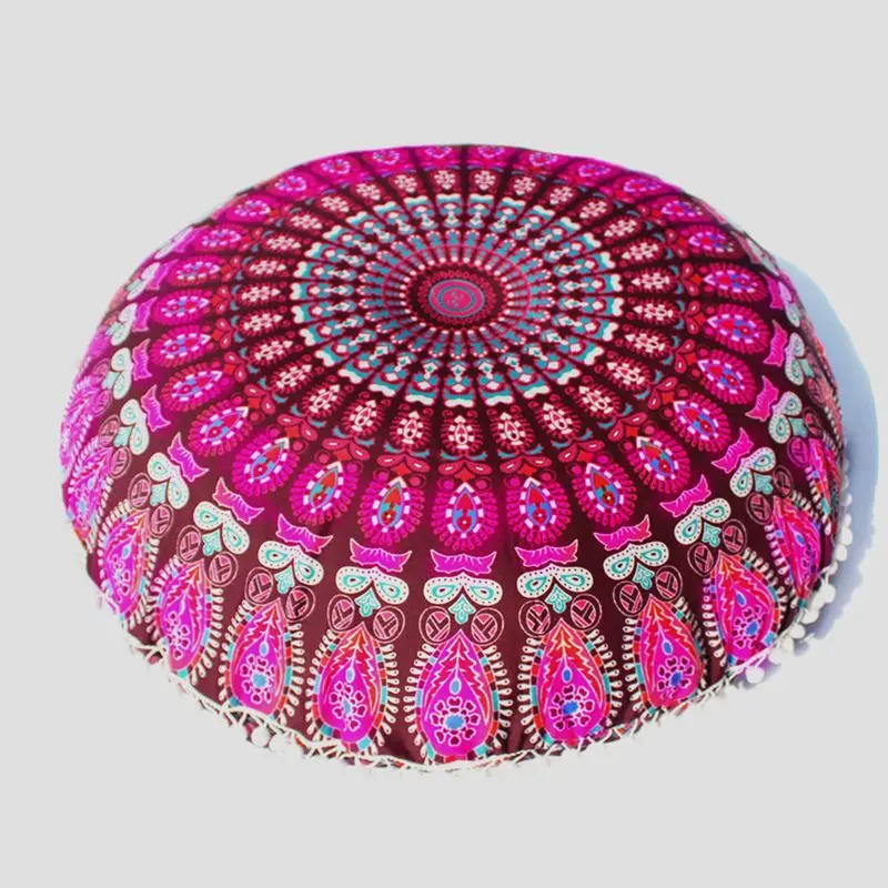 Runder Kissenbezug mit Mandala-Muster und Bommeln – Pink – Pfauenfeder