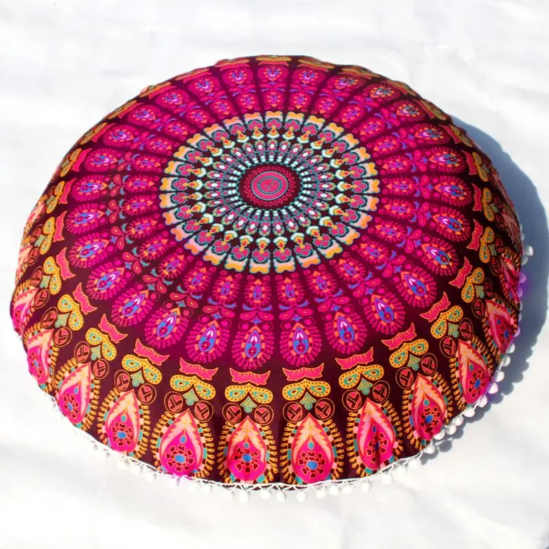 Runder Kissenbezug mit Mandala-Muster und Bommeln – Pink – Mandala