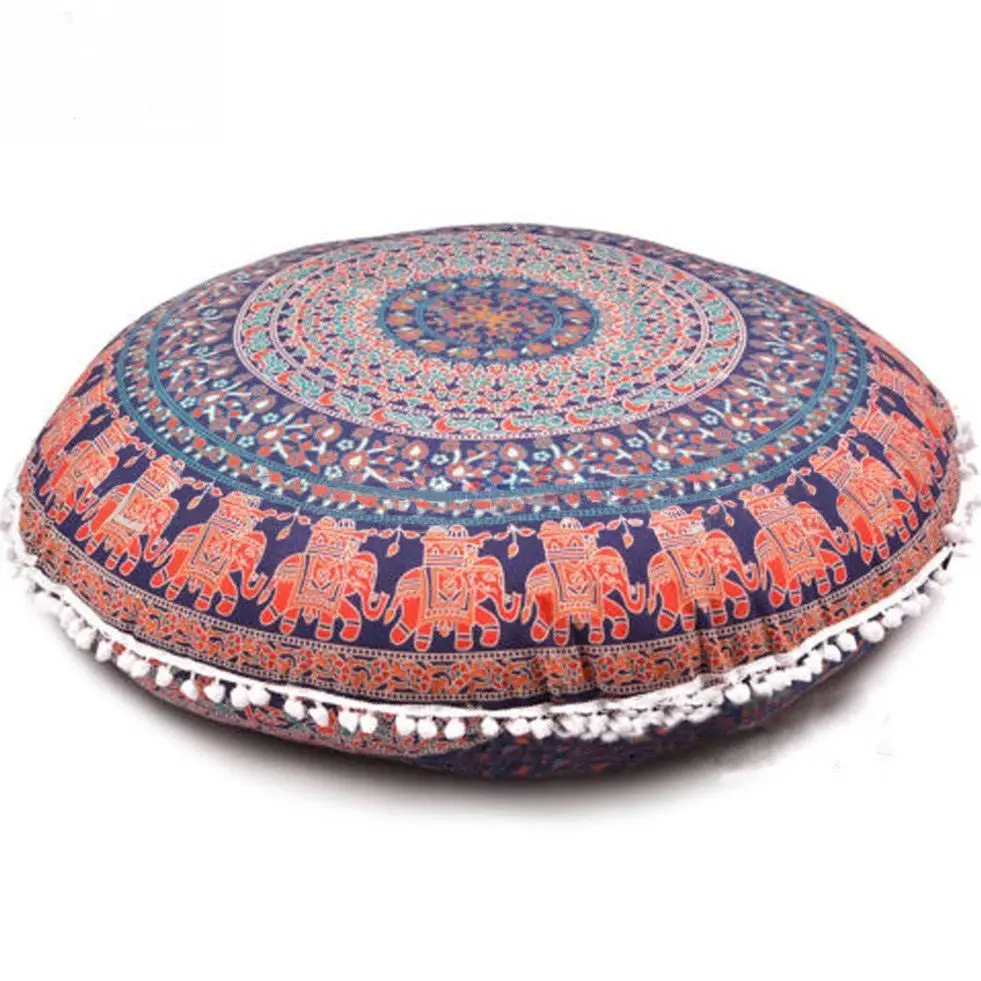 Runder Kissenbezug mit Mandala-Muster und Bommeln – Orange – Elefanten