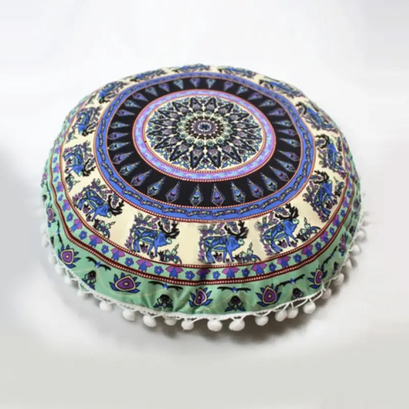 Runder Kissenbezug mit Mandala-Muster und Bommeln – Bunt – Elefanten