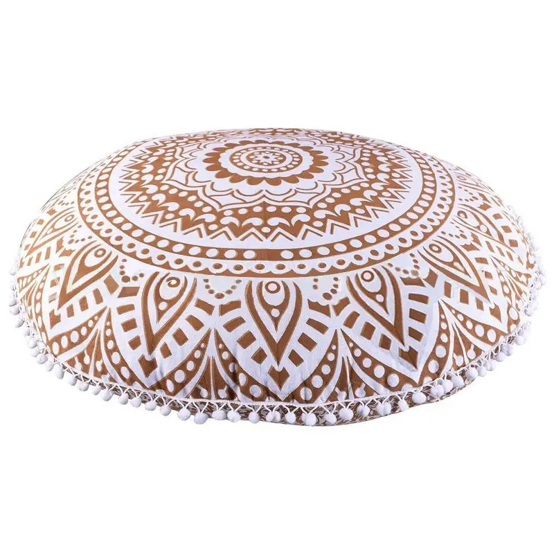 Runder Kissenbezug mit Mandala-Muster und Bommeln – Beige – Mandala