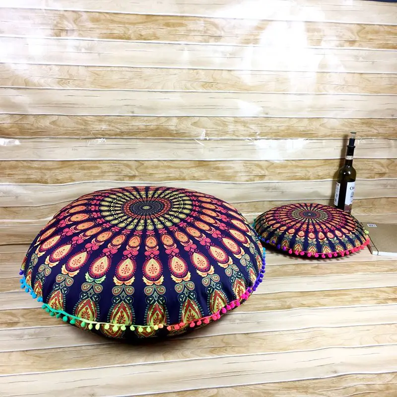 Runder Kissenbezug mit Mandala-Muster und Bommeln – Dunkelblau – Mandala