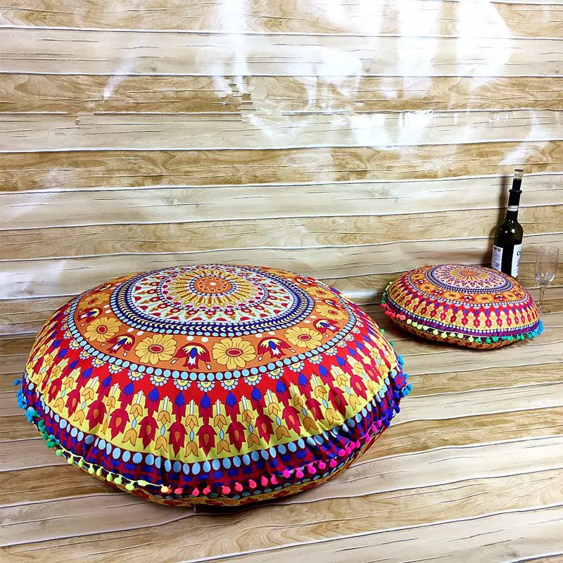 Runder Kissenbezug mit Mandala-Muster und Bommeln – Orange – Mandala