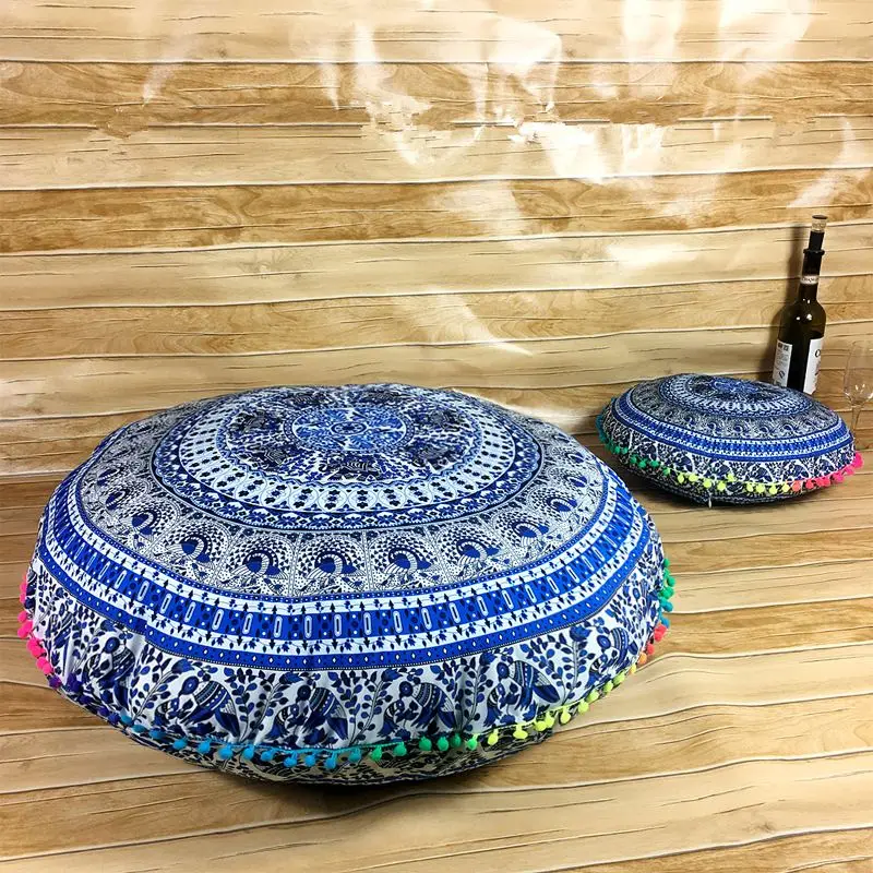 Runder Kissenbezug mit Mandala-Muster und Bommeln – Blau – Elefanten