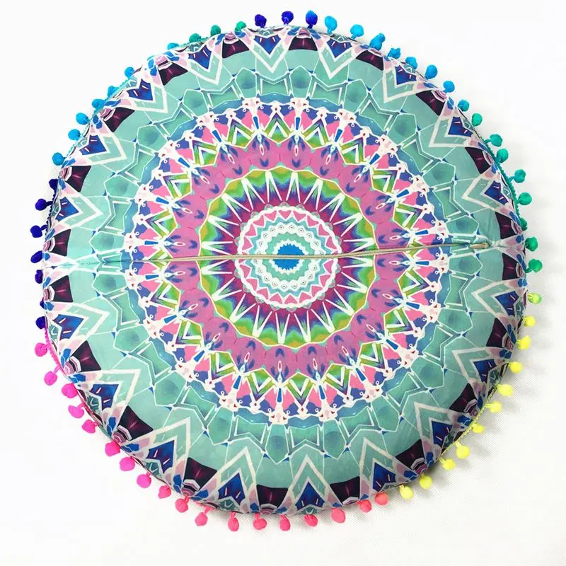 Runder Kissenbezug mit Mandala-Muster und Bommeln – Mintgrün – Mandala