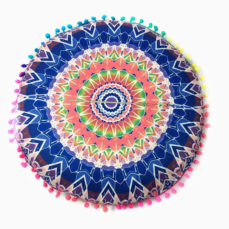 Runder Kissenbezug mit Mandala-Muster und Bommeln – Blau – Mandala