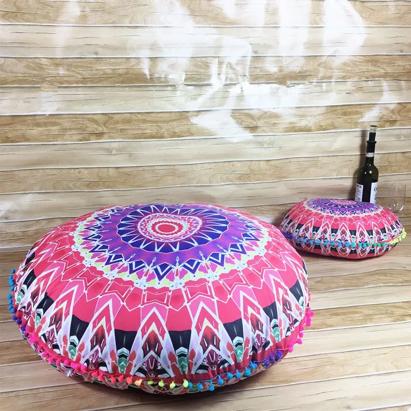 Runder Kissenbezug mit Mandala-Muster und Bommeln – Pink – Blütenmandala