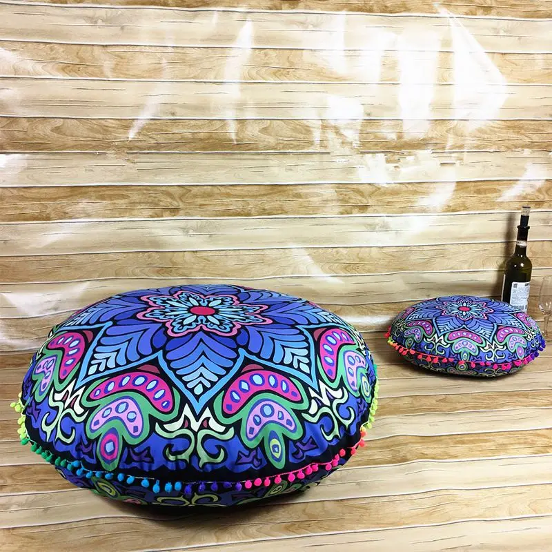 Runder Kissenbezug mit Mandala-Muster und Bommeln – Blau – Blüten
