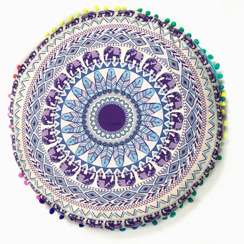 Runder Kissenbezug mit Mandala-Muster und Bommeln – Weiß – Elefanten-Mandala