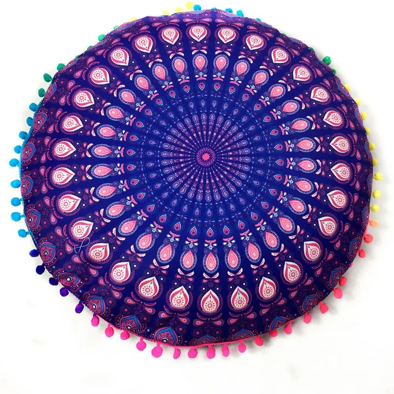 Runder Kissenbezug mit Mandala-Muster und Bommeln – Lila – Sonnenmandala