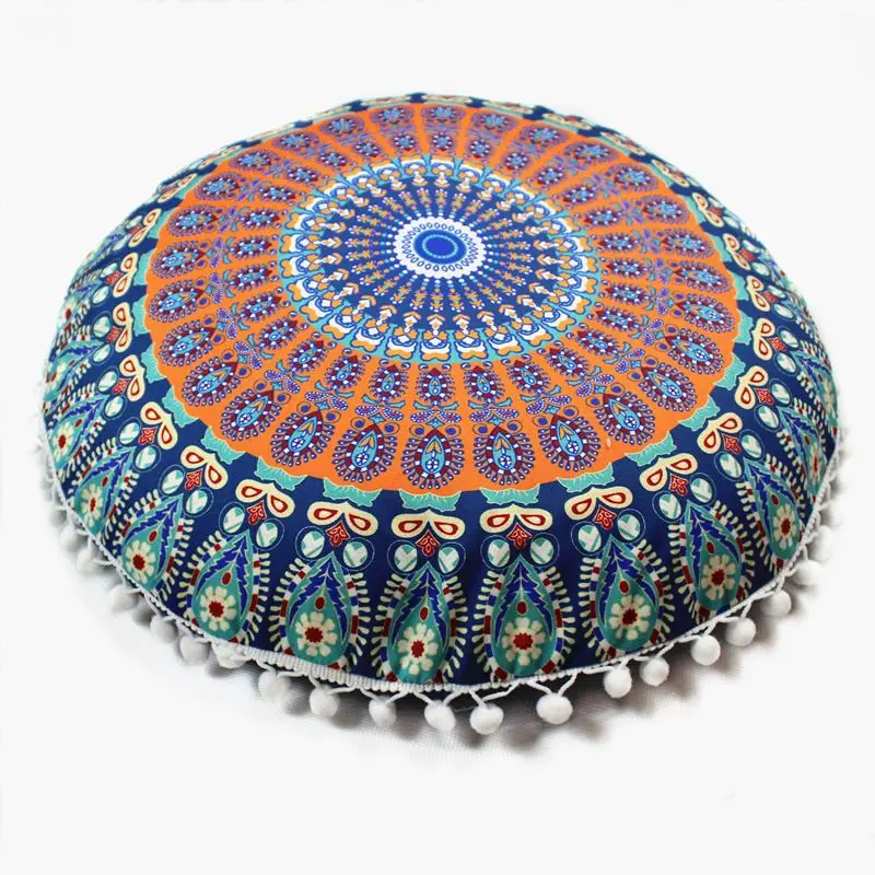 Runder Kissenbezug mit Mandala-Muster und Bommeln – Blau – Orangemitte