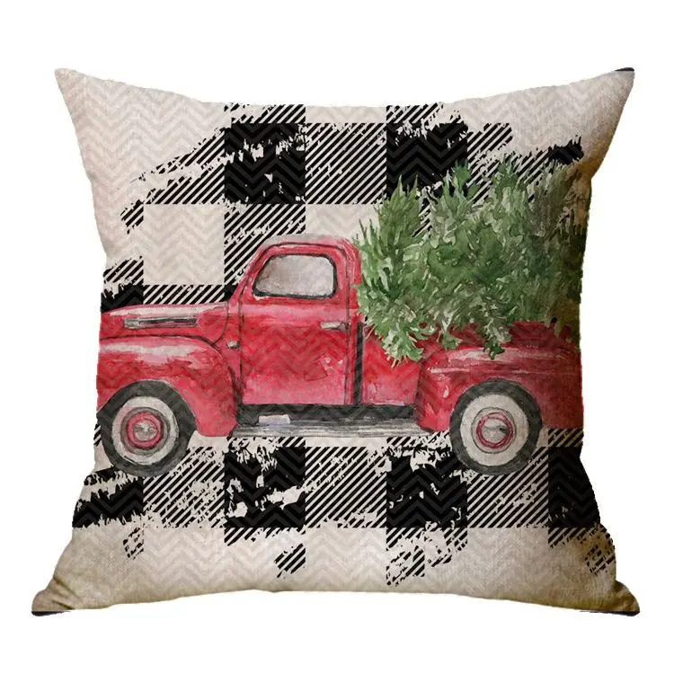 Kissenbezug 50 × 50 cm Baumwolle mit Weihnachtsmotiv – Beige – Truck Schwarzweiß