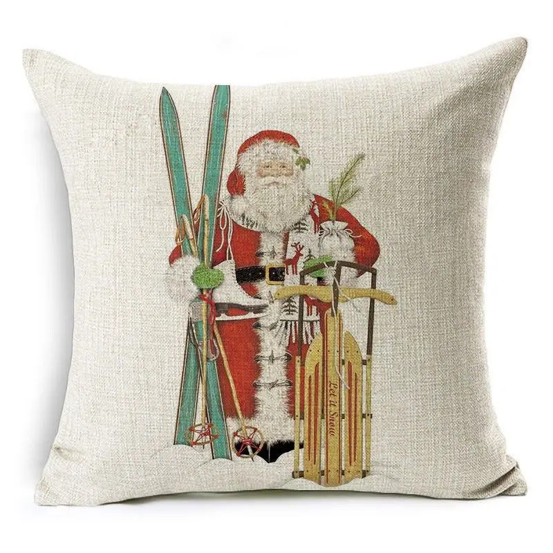 Kissenbezug 50 × 50 cm Baumwolle mit Weihnachtsmotiv – Beige – Weihnachtsmann Ski