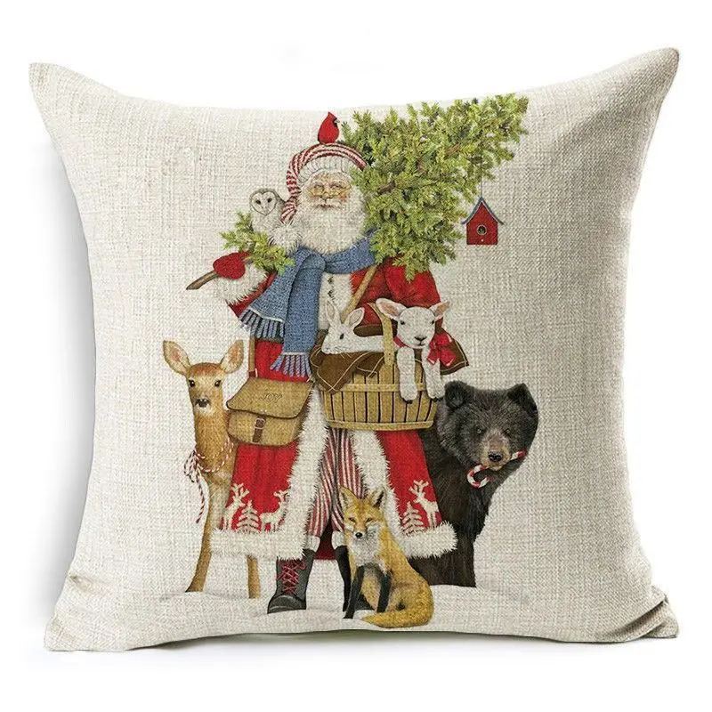 Kissenbezug 50 × 50 cm Baumwolle mit Weihnachtsmotiv – Beige – Weihnachtsmann Tiere