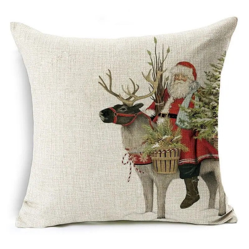 Kissenbezug 50 × 50 cm Baumwolle mit Weihnachtsmotiv – Beige – Weihnachtsmann Rentier