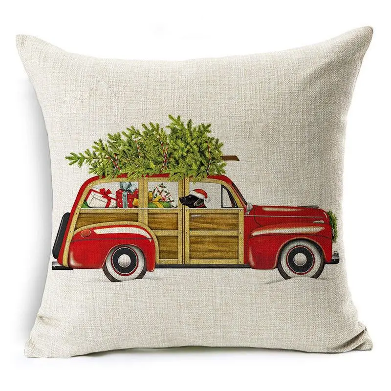 Kissenbezug 50 × 50 cm Baumwolle mit Weihnachtsmotiv – Beige – Auto Holz