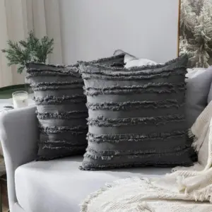 Kissenbezug Dunkelgrau 50 × 50 cm mit Fransenstreifen – Dunkelgrau