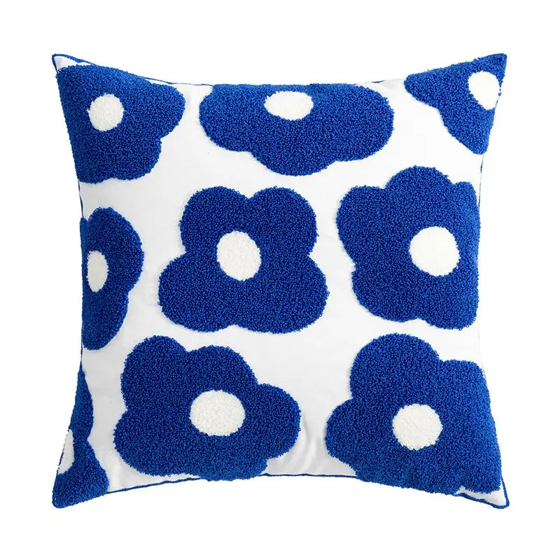 Kissenhülle mit Blumen-Stickerei und Reißverschluss – Blau