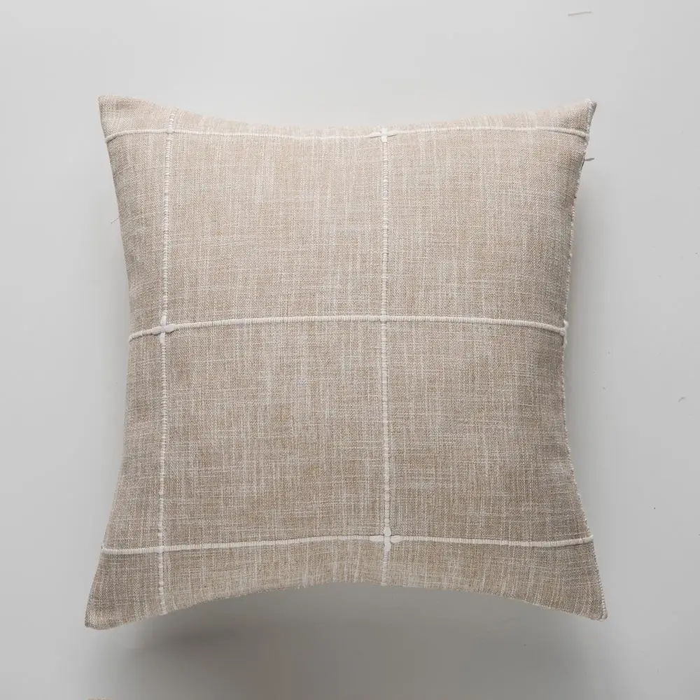 Kissenbezug kariert mit gestickten Linien in Naturtönen – Beige – Gitter