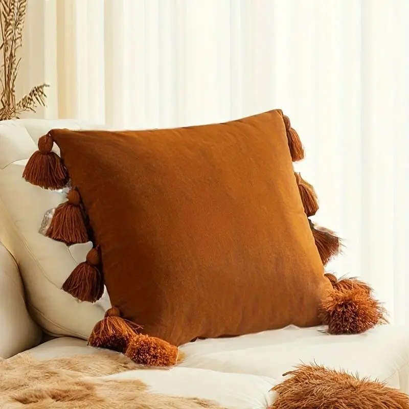 Kissenhülle Beige Boho mit Quasten – Braun