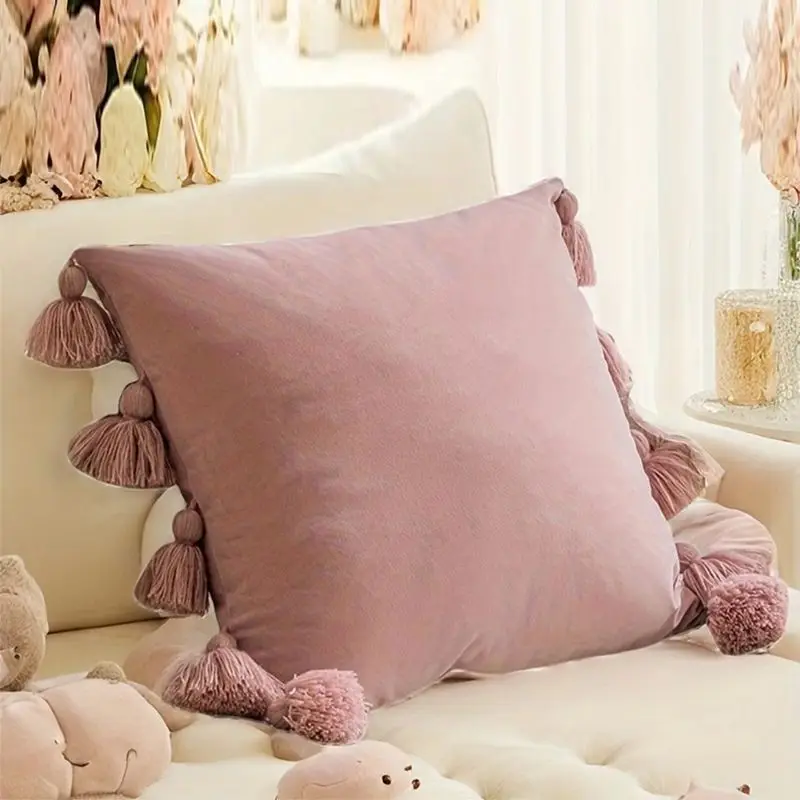 Kissenhülle Beige Boho mit Quasten – Altrosa
