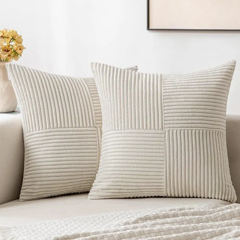 Mintgrüne Kissenhülle in Cordoptik mit Streifen-Patchwork – Creme