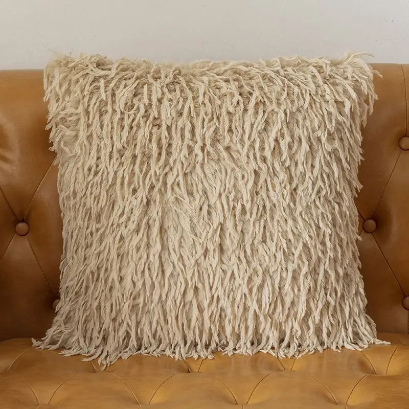 Kissenhülle Schwarz Beige mit langen, zotteligen Fransen – Beige