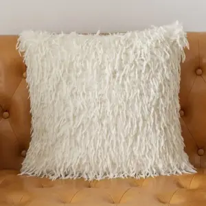Kissenhülle Schwarz Beige mit langen, zotteligen Fransen – Creme