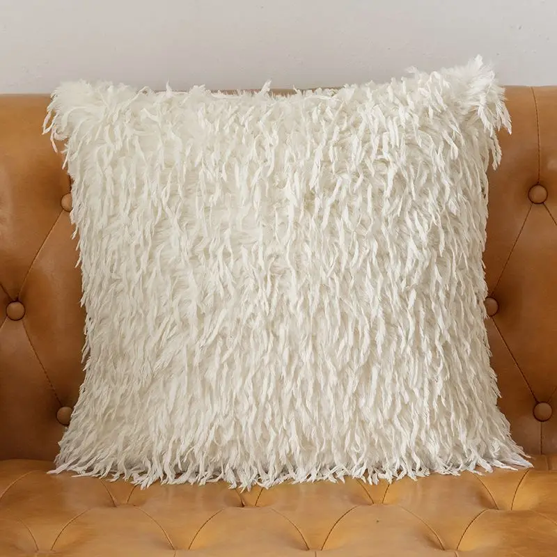Kissenhülle Schwarz Beige mit langen, zotteligen Fransen – Creme