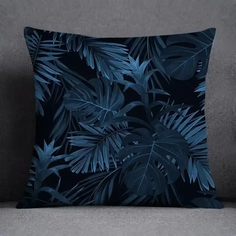 Kissenbezug 45x45 mit geometrischem Muster in Marineblau – Dunkelblau – Palmenblätter