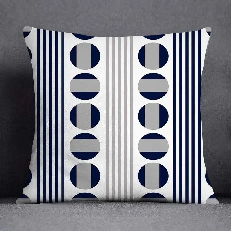 Kissenbezug 45x45 mit geometrischem Muster in Marineblau – Weiß – Kreise und Streifen