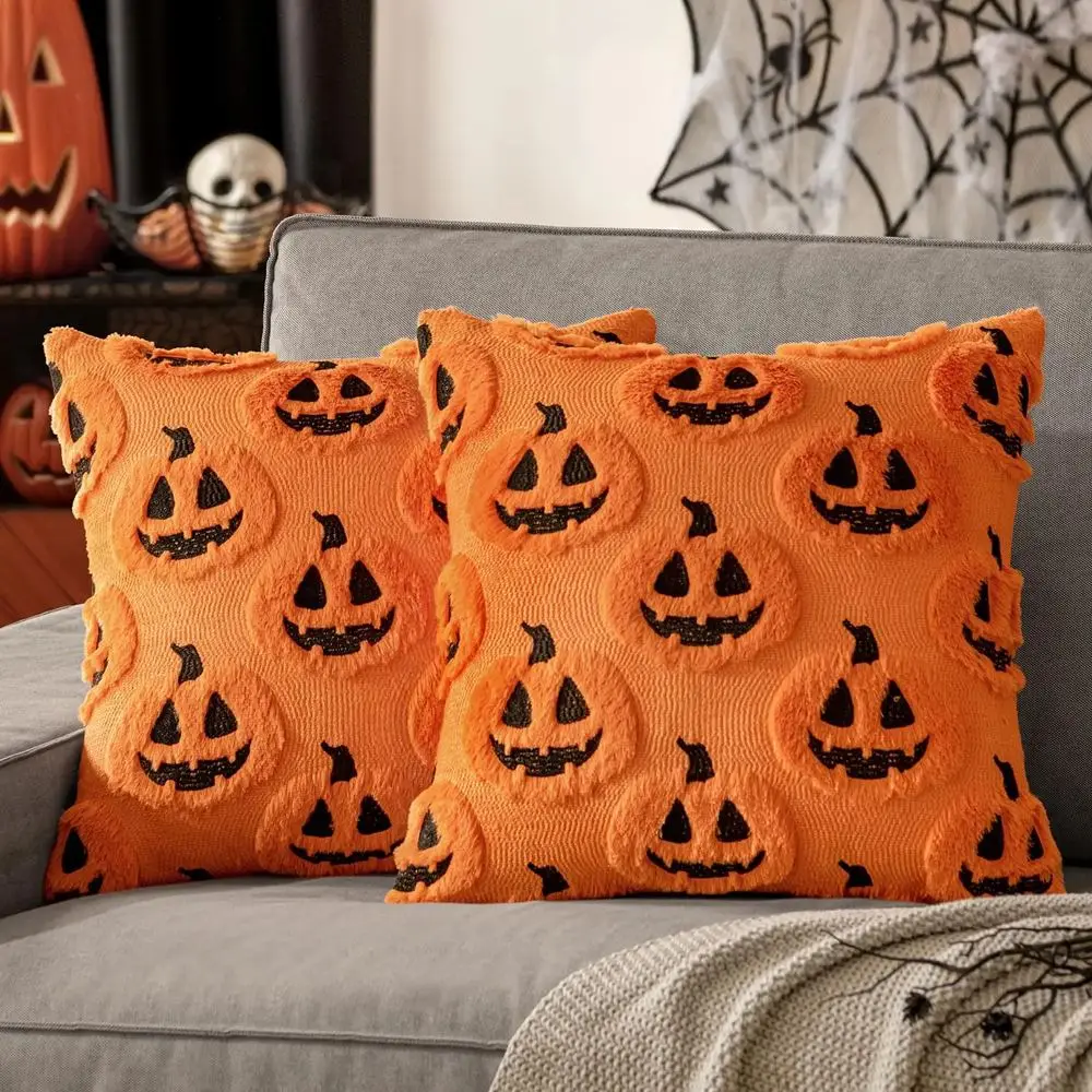Kissenbezug 45 × 45 cm Herbst mit Kürbisgesichtern – Orange