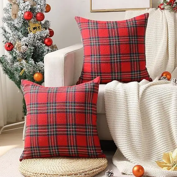 Weihnachten Kissenhülle 50 × 50 cm mit Schottenkaro – Rot – Schottenkaro fein