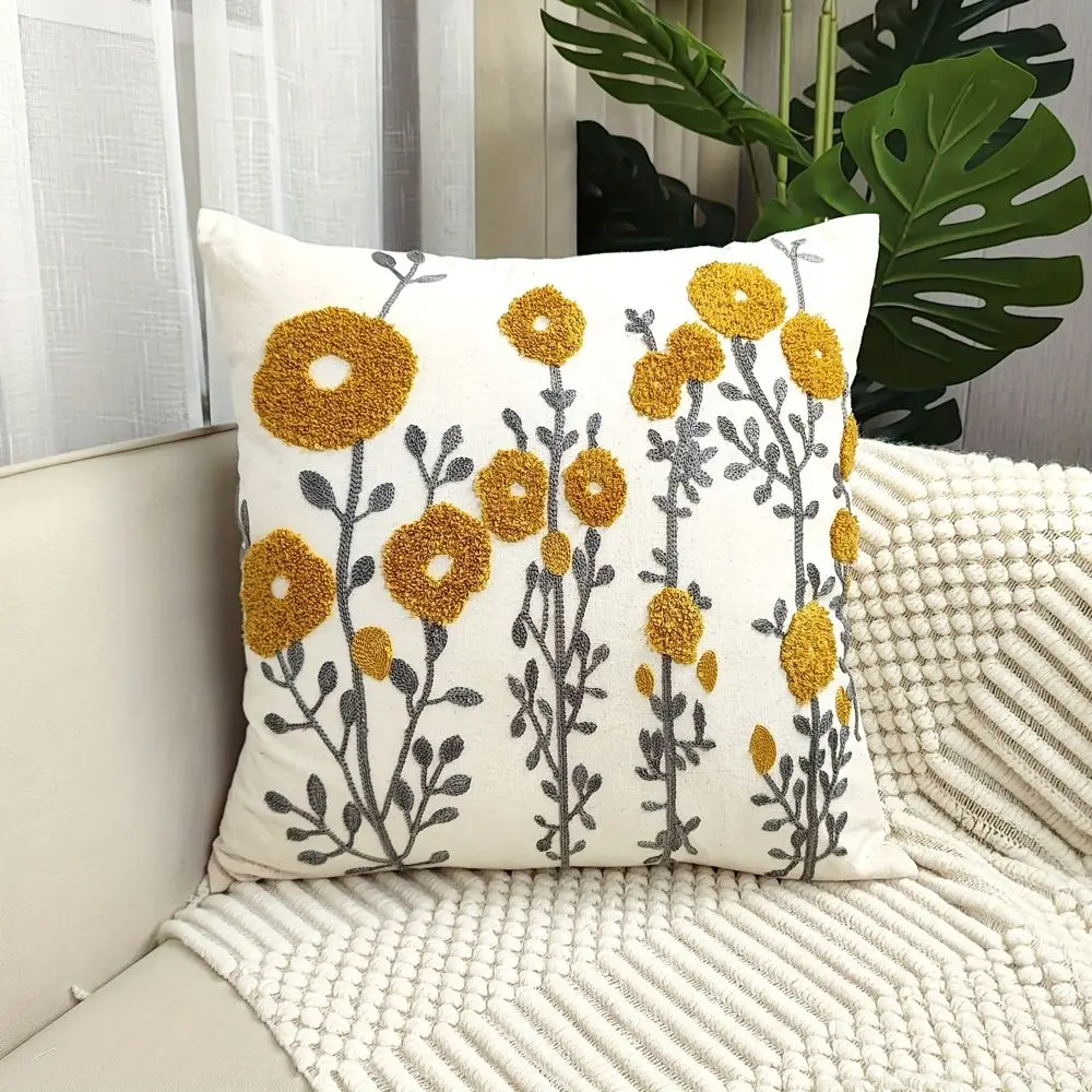 Kissenbezug Boho mit gestickten Blumen in Senfgelb – Senfgelb – Ranken