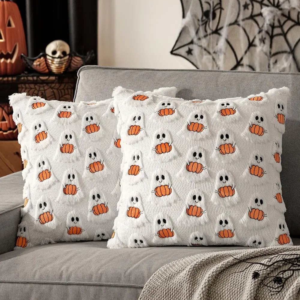 Kissenbezug 45x45 Weiß mit Geistern, Halloween-Deko – Weiß – Geister und Kürbisse